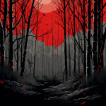 Düsterer kahler Wald mit rotem Mond, schwarzen Silhouetten und roten Akzenten | Dark bare forest with red moon, black silhouettes and red accents
