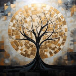 Abstrakter Baum mit schwarzen Ästen in goldenem Mosaikkreis auf geometrischem Hintergrund | Abstract tree with black branches in golden mosaic circle on geometric grey background