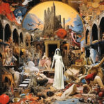 Surrealistische Collage: weiße Figur in Weiß inmitten mythologischer Szenen, Tiere und gotischer Burg | Surrealist collage: white figure amid mythological scenes, animals and gothic castle under arch