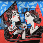 Zwei stilisierte Frauen mit Cocktails in Pop-Art-Stil, rot-blau-schwarz | Two stylized women with cocktails in pop art style, red-blue-black