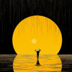 Einsame Silhouette mit Regenschirm vor riesigem gelben Kreis im schwarzen Regen | Lonely silhouette with umbrella before giant yellow circle in black rain