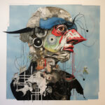 Surreales Mischwesen mit Vogelschnabel, mechanischen Elementen und roten Farbläufen vor Blau | Surreal hybrid creature with bird beak, mechanical parts and red paint drips on blue background