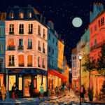 Pariser Straßenszene bei Nacht, bunte Häuser, Café, Menschen, Vollmond | Parisian street at night, colorful buildings, café, people, full moon