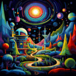 Psychedelische Fantasielandschaft mit Spiralgalaxie, bunten Bäumen und futuristischem Gebäude | Psychedelic fantasy landscape with spiral galaxy, colorful trees and futuristic building