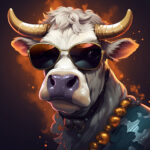 Coole Kuh mit Sonnenbrille, Goldkette und Hörnern, digitale Anime-Kunst | Cool cow wearing sunglasses and gold chain with horns, digital anime art