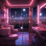 Cyberpunk-Badezimmer in Pink-Neon mit Stadtpanorama bei Nacht | Cyberpunk bathroom in pink neon light with city skyline at night