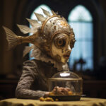 Surreale Figur mit goldenem Fischhelm und Spitzenkragen vor Glasglocke | Surreal figure wearing golden fish helmet and lace collar before glass dome
