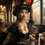 Frau in viktorianischem Kleid mit schwarzem Federhut sitzt in elegantem Café | Woman in Victorian dress with black feathered hat sitting in an elegant café