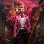 Blonder Mann im pinken Anzug mit Fliege, dramatischer Hintergrund mit Menschenmenge | Blonde man in pink suit with bow tie, dramatic background with crowd scene
