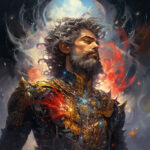Bärtiger Krieger in goldener Rüstung blickt aufwärts, umgeben von roten Energiewirbeln | Bearded warrior in ornate golden armor gazes upward, surrounded by swirling red energy