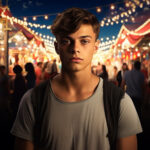 Junger Mann im grauen T-Shirt auf beleuchtetem Jahrmarkt bei Nacht | Young man in grey t-shirt at illuminated fairground at night