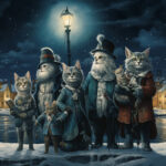 Anthropomorphe Katzen in viktorianischen Kostümen nachts im Schnee unter Laterne | Anthropomorphic cats in Victorian costumes standing in snow at night under a streetlamp