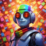 Lächelnder Roboter mit Regenbogen-Helm, roten Augen und buntem Schal vor Pixel-Hintergrund | Smiling robot with rainbow helmet, red eyes and colorful scarf against pixel background