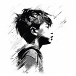 Schwarz-weiße Anime-Illustration: Junge im Profil, dynamische Pinselstriche | Black-white anime illustration: young boy in profile with dynamic brush strokes