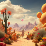 Frau mit Strohhut wandert durch surreale Wüste mit Kakteen, Riesenblüten und rosa Mond | Woman in straw hat walks through surreal desert with cacti, giant flowers and pink moon