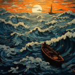 Kleines Ruderboot auf stürmischen Wellen bei glutrotem Sonnenuntergang, Segelboot am Horizont | Small rowboat on stormy waves at fiery sunset, sailboat on the horizon, graphic art style