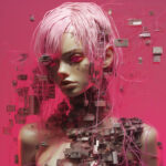 Cyberpunk-Frauenfigur mit weißem Haar, Platinen und Kabeln auf Magenta | Cyberpunk female figure with white hair, circuit boards and wires on magenta