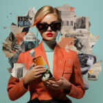 Blonde Frau mit Sonnenbrille, orangem Blazer und Smartphone, Pop-Art-Collage | Blonde woman with sunglasses, orange blazer holding smartphone, pop-art collage