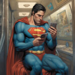 Superman in blauem Kostüm scrollt auf zwei Smartphones in einer U-Bahn-Kabine | Superman in blue costume scrolling on two smartphones inside a subway cabin
