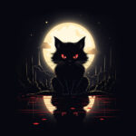 Schwarze Katze mit roten Augen vor gelbem Vollmond, digitale Illustration | Black cat with red eyes before full moon, dark digital illustration