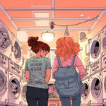 Zwei Frauen von hinten in Waschsalon, umgeben von Waschmaschinen, Comic-Stil | Two women seen from behind in laundromat surrounded by washing machines, comic style