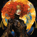 Sci-Fi-Kriegerin mit rotem Lockenhaar, goldenem Stirnauge, schwarzem Rüstungsanzug vor Mondscheibe | Sci-fi warrior with red curly hair, golden third eye, black armored suit before glowing moon