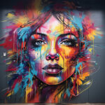 Graffiti-Mural: Frauengesicht mit blauen Augen, Farbspritzer in Rot, Blau und Gelb | Graffiti mural: woman's face with blue eyes, paint splashes in red, blue and yellow