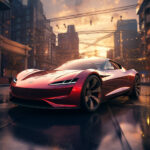 Roter Tesla Roadster in futuristischer Stadtkulisse bei goldenem Sonnenuntergang | Red Tesla Roadster in futuristic cityscape under golden sunset light