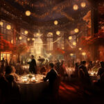 Eleganter Festsaal mit Laternen, roten Bäumen und Gästen beim Galadiner | Elegant banquet hall with lanterns, red trees and guests at a gala dinner
