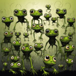 Viele grüne Cartoon-Frösche mit großen Augen in verschiedenen Posen auf grünem Hintergrund | Many green cartoon frogs with big eyes in various poses on a green swirly background