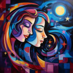 Zwei stilisierte Frauenprofile, Mond und Sterne, kubistisch, leuchtendes Blau und Lila | Two stylized female profiles, moon and stars, cubist style, vivid blue and purple hues