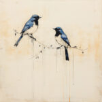 Zwei blau-schwarze Vögel auf dünnem Ast, Gemälde mit Farbläufern, cremefarbener Hintergrund | Two blue-black birds on thin branch, painting with dripping paint, cream background