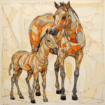 Stute und Fohlen in Mosaik-Optik, orange-beige Farbflächen, abstrakter Stil | Mare and foal in mosaic style, orange-beige color fields, abstract artwork
