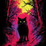 Schwarze Katze mit leuchtend gelben Augen im neonfarbenen Horrorwald | Black cat with glowing yellow eyes in a neon-colored horror forest