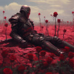 Schwarzer Ritter in Rüstung ruht erschöpft in einem endlosen Feld roter Rosen | Black armored knight resting exhausted in an endless field of red roses