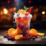 Eisgetränk mit Himbeeren, Heidelbeeren, Orangen und Minze im Plastikbecher | Iced drink with raspberries, blueberries, oranges and mint in plastic cup