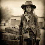 Junges Mädchen im Cowboyhut mit zerschlissener Kleidung neben alten Koffern, Sepia | Young girl in cowboy hat, worn clothes, standing beside old luggage, sepia tone