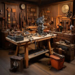 Historische Holzwerkstatt mit Werkbank, antiken Werkzeugen und Uhren an Holzwänden | Historic wooden workshop with workbench, antique tools and clocks on wood-paneled walls