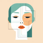Geometrisch-abstraktes Frauengesicht in Türkis, Apricot und Orange mit Konstruktionslinien | Geometric abstract female face in teal, apricot and orange with construction lines