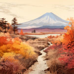 Japanische Illustration: Fuji im Herbst, Bach durch orangerotes Laub | Japanese illustration: Mount Fuji in autumn, stream through orange-red foliage