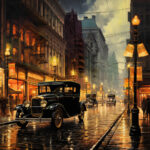 Schwarzes Oldtimer-Auto auf regennasser Stadtstraße der 1930er, Gaslaternen | Black vintage 1930s car on rain-wet city street with glowing gas lamps