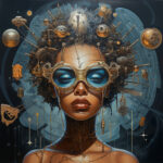 Steampunk-Frau mit blauen Schutzgläsern, Zahnrädern und Kugeln im Afro-Haar | Steampunk woman with blue goggles, gears and orbs woven into afro hair