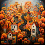 Surreale Stadtszene mit geschwungener Treppe, Häusern und orangefarbenen Fantasiebäumen | Surreal townscape with winding staircase, houses and orange fantasy trees