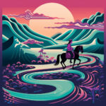Reiterin auf schwarzem Pferd in stilisierter Landschaft mit gewundenem Fluss und Sonnenuntergang | Rider on black horse in stylized landscape with winding river and sunset in teal and pink tones