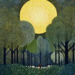 Pointillistischer Nachtwald mit leuchtendem Vollmond, winzige rote Figur im Dunkel | Pointillist night forest with glowing full moon, tiny red figure in the dark