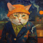 Gemälde: Katze mit orangem Hut, blauem Mantel, Zigarette, Van-Gogh-Stil | Painting: cat in orange hat, blue coat, cigarette, Van Gogh style