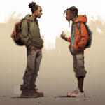 Zwei Jugendliche im Comic-Stil im Gespräch, grüner und orangener Hoodie | Two youth in comic style conversing, green and orange hoodies, backpacks, urban setting