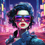 Cyberpunk-Kriegerin mit Neon-Visorbrille vor glühender Neon-Metropole | Cyberpunk warrior woman with neon visor glasses against glowing neon metropolis