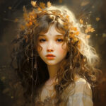 Digitales Gemälde: Mädchen mit goldenen Herbstblättern im langen Lockenhaar | Digital painting: girl with golden autumn leaves in long curly hair