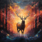 Majestätischer Hirsch im leuchtend orangefarbenen Herbstwald, magisches Licht | Majestic stag in glowing orange autumn forest with magical light effects